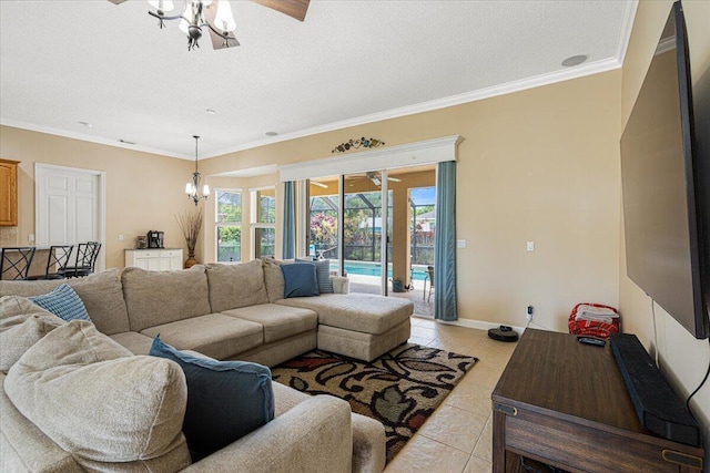 1456 SW Del Rio Blvd, Port Saint Lucie, FL 34953 - living area with a ceiling fan, light tile patterned floors, crown molding, a textured ceiling, and baseboards