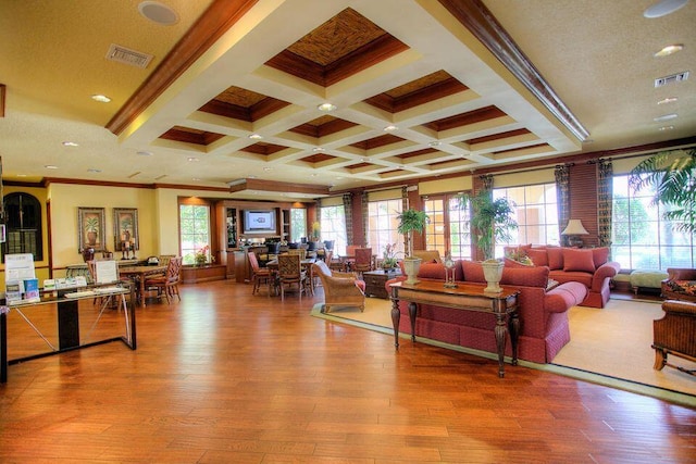 160 Yacht Club Way Unit 309, Hypoluxo, FL 33462 - living room featuring wood finished floors, ornamental molding, beamed ceiling, coffered ceiling, and recessed lighting