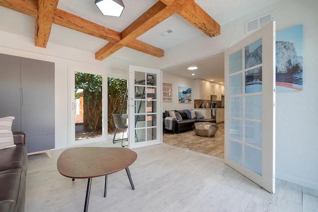 616 Claremore Dr Unit 1, 2, 3, West Palm Beach, FL 33401 - sunroom featuring beamed ceiling, french doors, and coffered ceiling