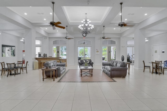 6164 C Durham Dr, Lake Worth, FL 33467 - living room featuring a ceiling fan, light tile patterned floors, a chandelier, recessed lighting, and a high ceiling