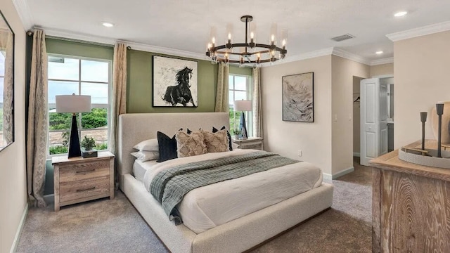 1681 Whistlegrass Ln, Loxahatchee, FL 33470 - bedroom featuring a chandelier, multiple windows, baseboards, crown molding, and recessed lighting