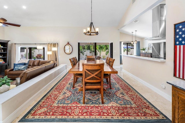 2626 NW 42nd St, Boca Raton, FL 33434 - dining space with a chandelier, baseboards, ceiling fan, lofted ceiling, and recessed lighting