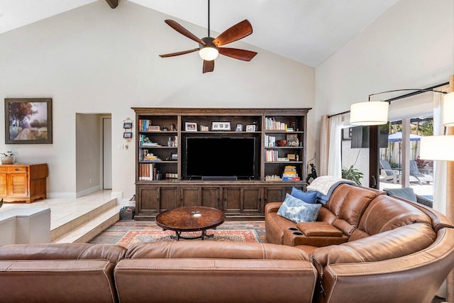 2626 NW 42nd St, Boca Raton, FL 33434 - living room featuring high vaulted ceiling, ceiling fan, and baseboards
