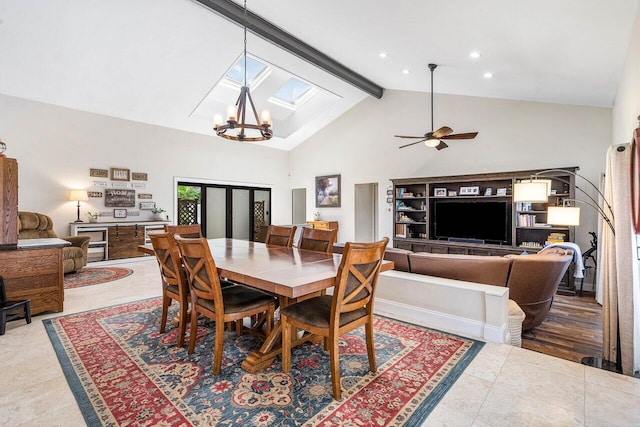 2626 NW 42nd St, Boca Raton, FL 33434 - dining area with beam ceiling, a chandelier, high vaulted ceiling, tile patterned flooring, and a ceiling fan