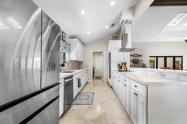 2626 NW 42nd St, Boca Raton, FL 33434 - kitchen featuring appliances with stainless steel finishes, a sink, backsplash, island exhaust hood, and recessed lighting