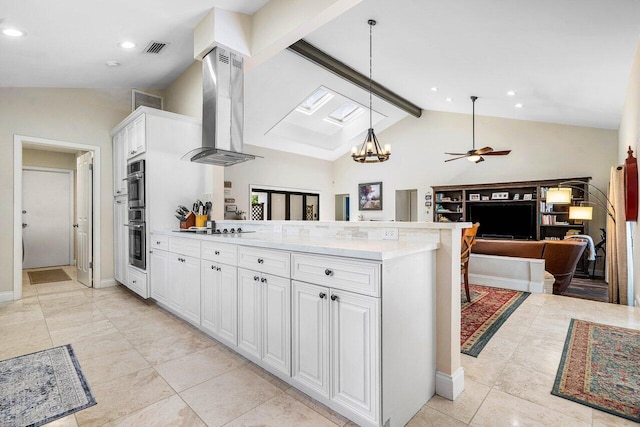 2626 NW 42nd St, Boca Raton, FL 33434 - kitchen with island exhaust hood, a peninsula, open floor plan, white cabinets, and black electric cooktop