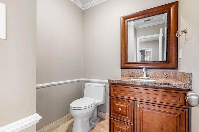 2626 NW 42nd St, Boca Raton, FL 33434 - half bathroom with crown molding, toilet, vanity, and baseboards