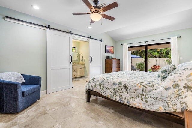 2626 NW 42nd St, Boca Raton, FL 33434 - bedroom with a barn door, lofted ceiling, recessed lighting, access to outside, and a ceiling fan