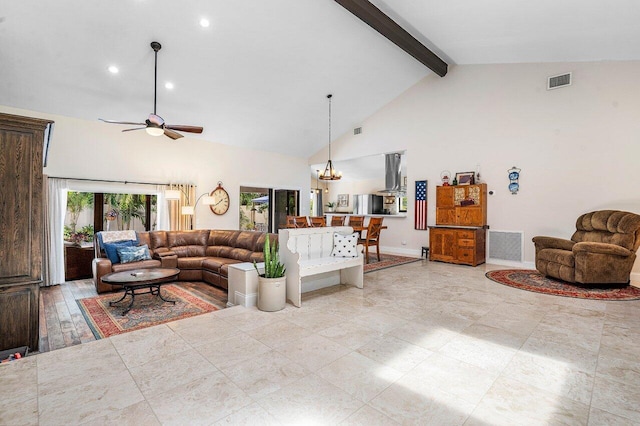 2626 NW 42nd St, Boca Raton, FL 33434 - living room with ceiling fan, high vaulted ceiling, beamed ceiling, recessed lighting, and a chandelier