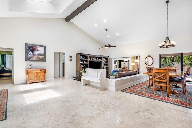 2626 NW 42nd St, Boca Raton, FL 33434 - living area with high vaulted ceiling, a chandelier, a ceiling fan, beam ceiling, and baseboards