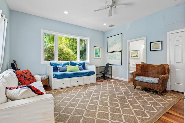 310 NW 18th St, Delray Beach, FL 33444 - living room featuring light wood-style floors, a ceiling fan, a desk, recessed lighting, and baseboards
