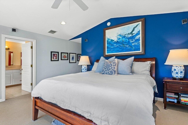 310 NW 18th St, Delray Beach, FL 33444 - bedroom with carpet flooring, vaulted ceiling, ensuite bath, a ceiling fan, and recessed lighting