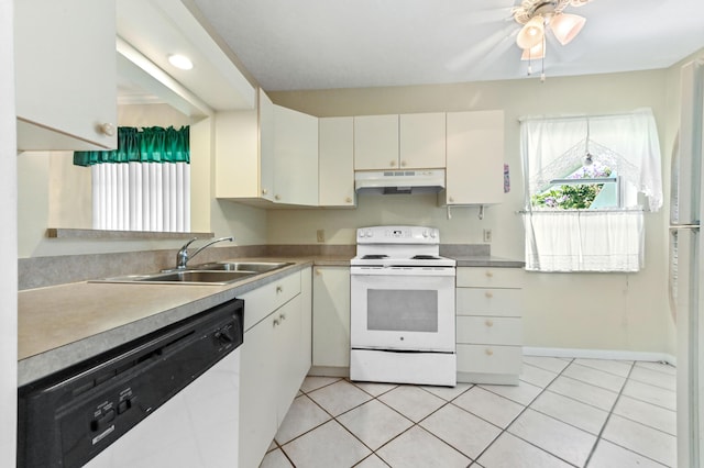 2860 SW 22nd Ave Unit 4170, Delray Beach, FL 33445 - kitchen featuring white appliances, under cabinet range hood, light countertops, a ceiling fan, and light tile patterned floors