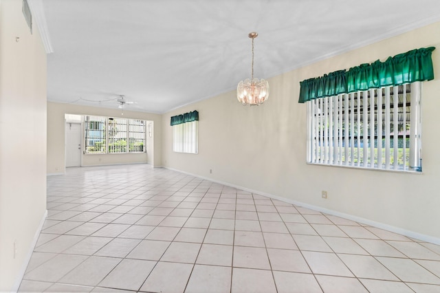 2860 SW 22nd Ave Unit 4170, Delray Beach, FL 33445 - spare room featuring a chandelier, ceiling fan, crown molding, and light tile patterned flooring