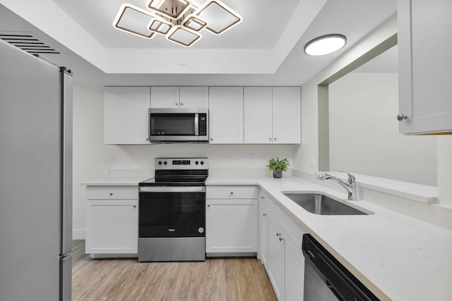 2517 S 17th St Unit 102, Fort Pierce, FL 34982 - kitchen with stainless steel appliances, a sink, white cabinets, and a raised ceiling