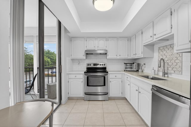 6815 Willow Wood Dr Unit 4022, Boca Raton, FL 33434 - kitchen featuring appliances with stainless steel finishes, a sink, under cabinet range hood, a raised ceiling, and tasteful backsplash