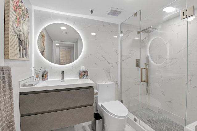 6815 Willow Wood Dr Unit 4022, Boca Raton, FL 33434 - full bathroom with vanity, a marble finish shower, tile walls, and toilet