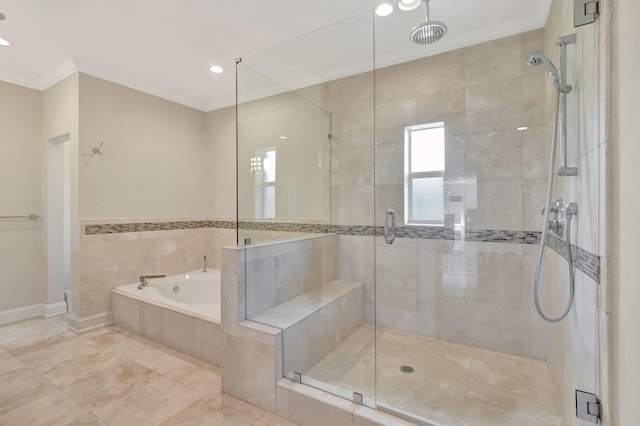 3913 Sherwood Blvd, Delray Beach, FL 33445 - full bathroom with a bath, a shower stall, ornamental molding, recessed lighting, and marble finish flooring