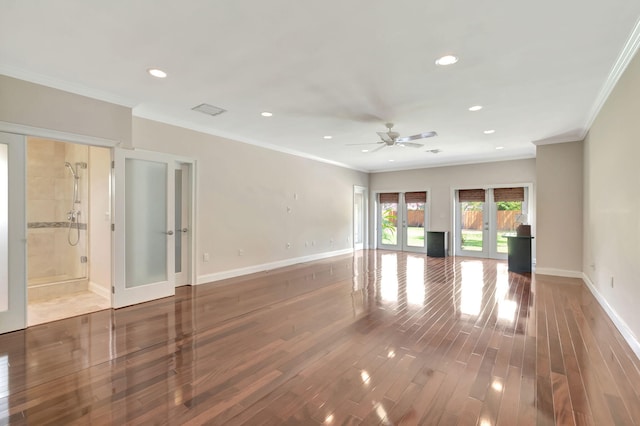 3913 Sherwood Blvd, Delray Beach, FL 33445 - unfurnished living room featuring french doors, a ceiling fan, baseboards, recessed lighting, and wood finished floors