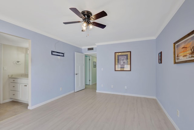 3209 S Lakeview Cir Unit 8-101, Hutchinson Island, FL 34949 - unfurnished bedroom featuring light wood-style floors, crown molding, ensuite bath, and ceiling fan