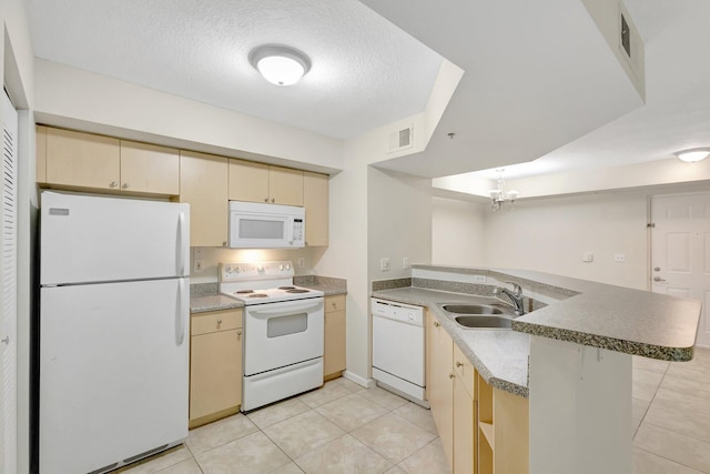 3693 NW Adriatic Ln, Jensen Beach, FL 34957 - kitchen with white appliances, a peninsula, cream cabinetry, a sink, and light tile patterned floors