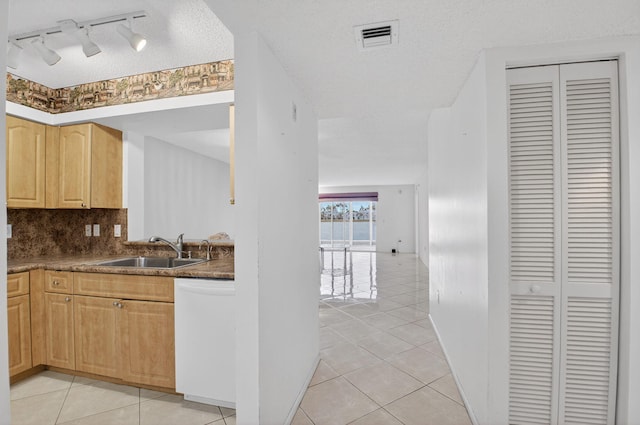 6112 Huntwick Ter Unit 106, Delray Beach, FL 33484 - kitchen featuring dishwasher, light brown cabinets, rail lighting, light tile patterned floors, and backsplash
