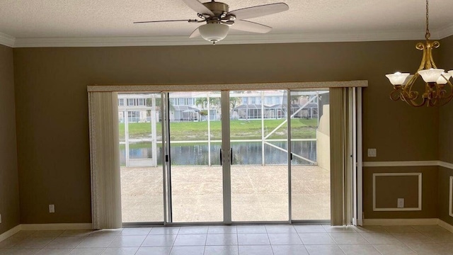 2039 Tarpon Lake Way, West Palm Beach, FL 33411 - doorway featuring a chandelier, a water view, light tile patterned floors, a textured ceiling, and crown molding
