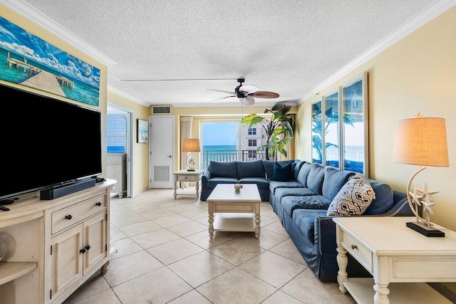 4505 S Ocean Blvd Unit 907, Highland Beach, FL 33487 - living room featuring crown molding, a ceiling fan, light tile patterned floors, and a textured ceiling