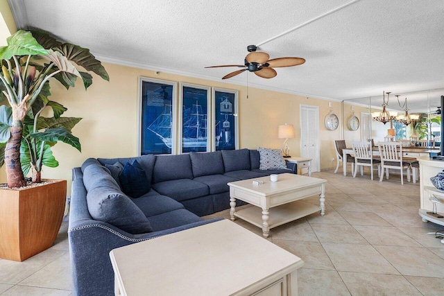 4505 S Ocean Blvd Unit 907, Highland Beach, FL 33487 - living area featuring ceiling fan, light tile patterned floors, crown molding, a chandelier, and a textured ceiling