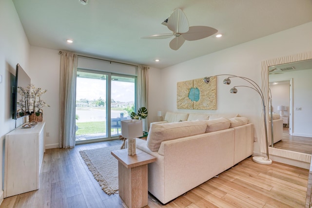13824 Hero Path, Delray Beach, FL 33484 - living room featuring a ceiling fan, light wood-style flooring, recessed lighting, and baseboards