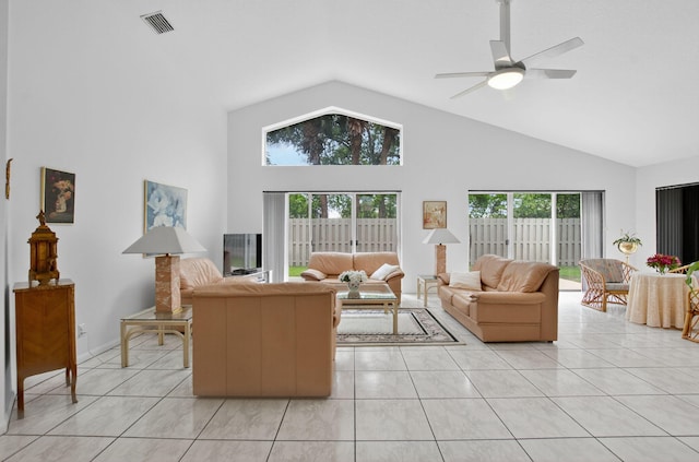 23440 Serene Meadow Dr S, Boca Raton, FL 33428 - living area with high vaulted ceiling, light tile patterned floors, and ceiling fan