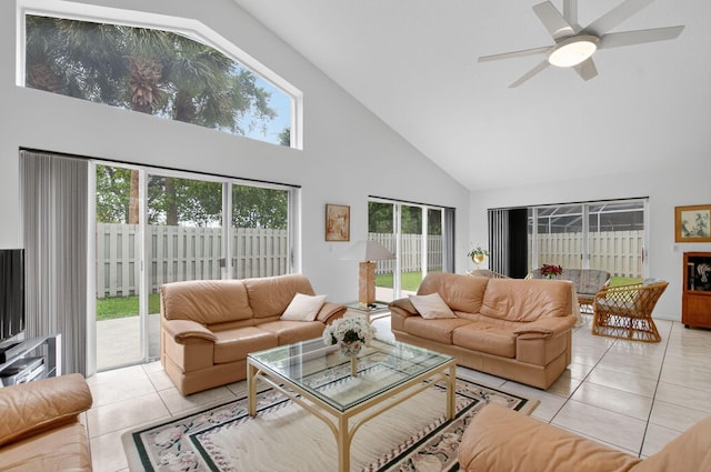 23440 Serene Meadow Dr S, Boca Raton, FL 33428 - living area with high vaulted ceiling, tile patterned floors, ceiling fan, and healthy amount of natural light