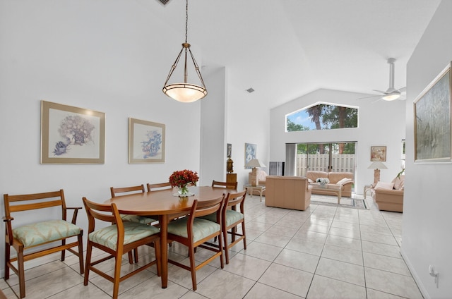 23440 Serene Meadow Dr S, Boca Raton, FL 33428 - dining area with high vaulted ceiling, a ceiling fan, and light tile patterned flooring