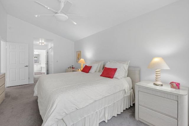 23440 Serene Meadow Dr S, Boca Raton, FL 33428 - bedroom with light colored carpet, lofted ceiling, ensuite bath, and a ceiling fan