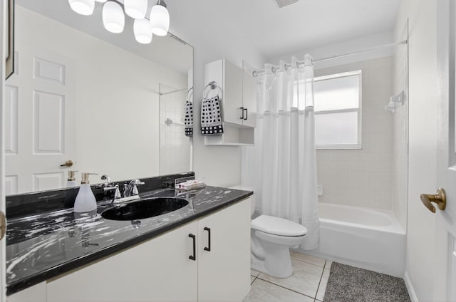 23440 Serene Meadow Dr S, Boca Raton, FL 33428 - bathroom featuring vanity, tile patterned floors, toilet, and shower / bath combo with shower curtain