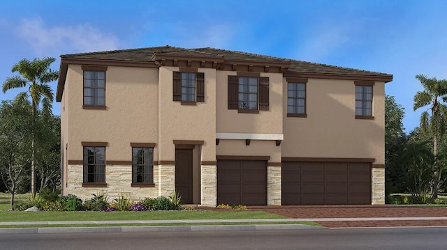 9299 Pearch Ln, Boynton Beach, FL 33437 - mediterranean / spanish house with stone siding, stucco siding, a garage, and driveway