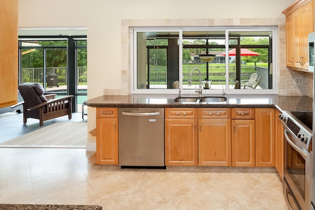 2413 NW 26th St, Boca Raton, FL 33431 - kitchen with stainless steel appliances, a sink, dark stone countertops, and plenty of natural light