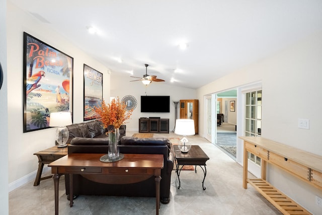 2413 NW 26th St, Boca Raton, FL 33431 - living area featuring ceiling fan, vaulted ceiling, and baseboards