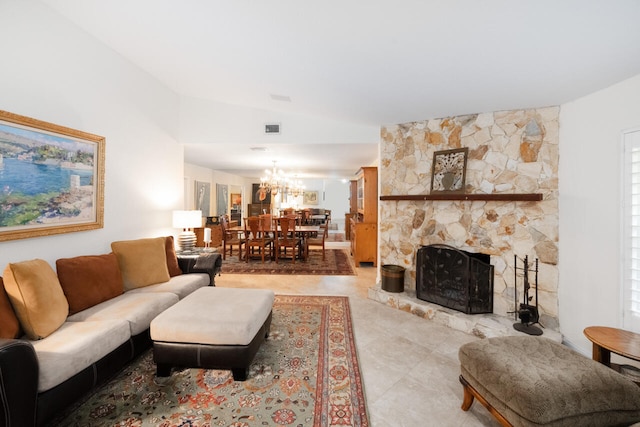 2413 NW 26th St, Boca Raton, FL 33431 - living room with vaulted ceiling, a chandelier, a stone fireplace, and light tile patterned floors