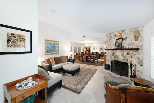 2413 NW 26th St, Boca Raton, FL 33431 - living area with a chandelier, tile patterned floors, and a fireplace