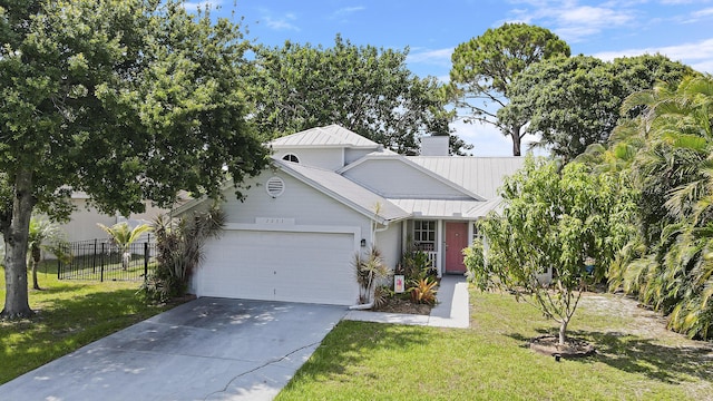 2633 SE Export Ave, Port Saint Lucie, FL 34952 - view of front of property featuring a garage, concrete driveway, metal roof, a chimney, and a standing seam roof