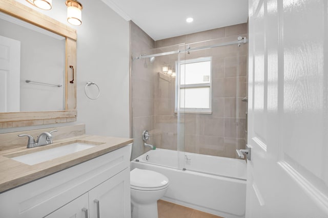 388 Tuscany G 388, Delray Beach, FL 33446 - bathroom with vanity, toilet, enclosed tub / shower combo, tile patterned flooring, and recessed lighting
