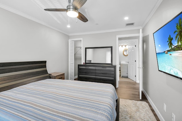 388 Tuscany G 388, Delray Beach, FL 33446 - bedroom with wood finished floors, baseboards, ornamental molding, a ceiling fan, and recessed lighting