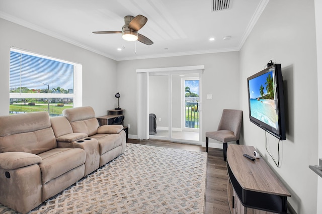 388 Tuscany G 388, Delray Beach, FL 33446 - living area featuring dark wood-style floors, ceiling fan, recessed lighting, ornamental molding, and baseboards