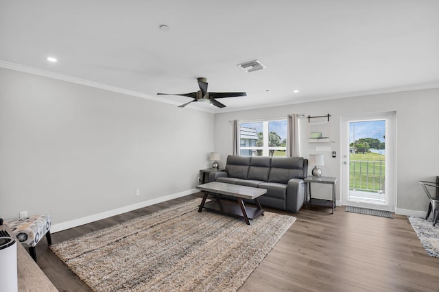 388 Tuscany G 388, Delray Beach, FL 33446 - living room featuring ornamental molding, baseboards, recessed lighting, wood finished floors, and a ceiling fan