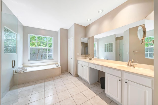 21480 Halstead Dr, Boca Raton, FL 33428 - bathroom featuring a garden tub, double vanity, tile patterned flooring, and a shower stall