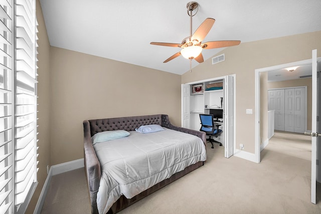 21480 Halstead Dr, Boca Raton, FL 33428 - bedroom with multiple windows, light colored carpet, vaulted ceiling, ceiling fan, and a desk