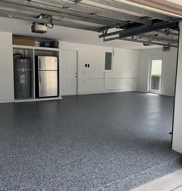21480 Halstead Dr, Boca Raton, FL 33428 - garage with freestanding refrigerator, water heater, electric panel, and a garage door opener