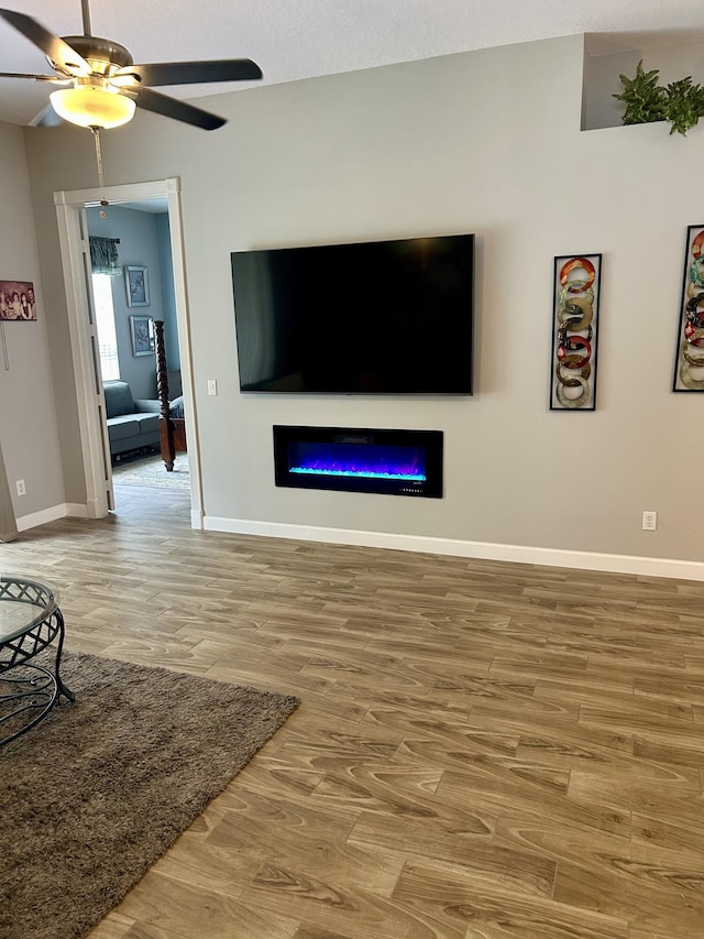 644 NW San Candido Way, Port Saint Lucie, FL 34986 - living room featuring a ceiling fan, wood finished floors, baseboards, and a glass covered fireplace