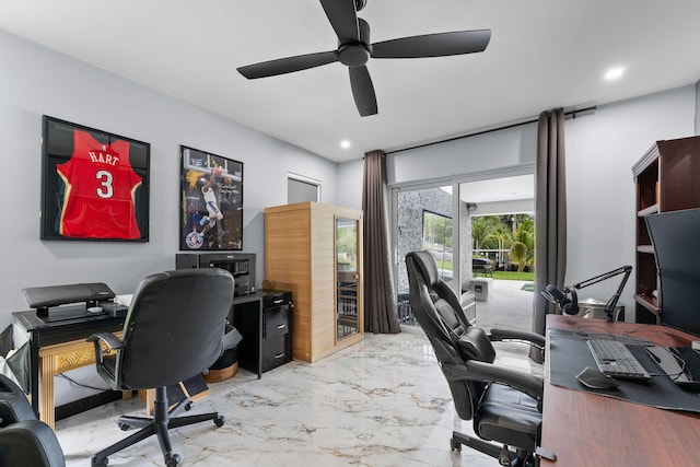 1772 SW Commodore Pl, Palm City, FL 34990 - home office with a ceiling fan, marble tiled floors, and recessed lighting